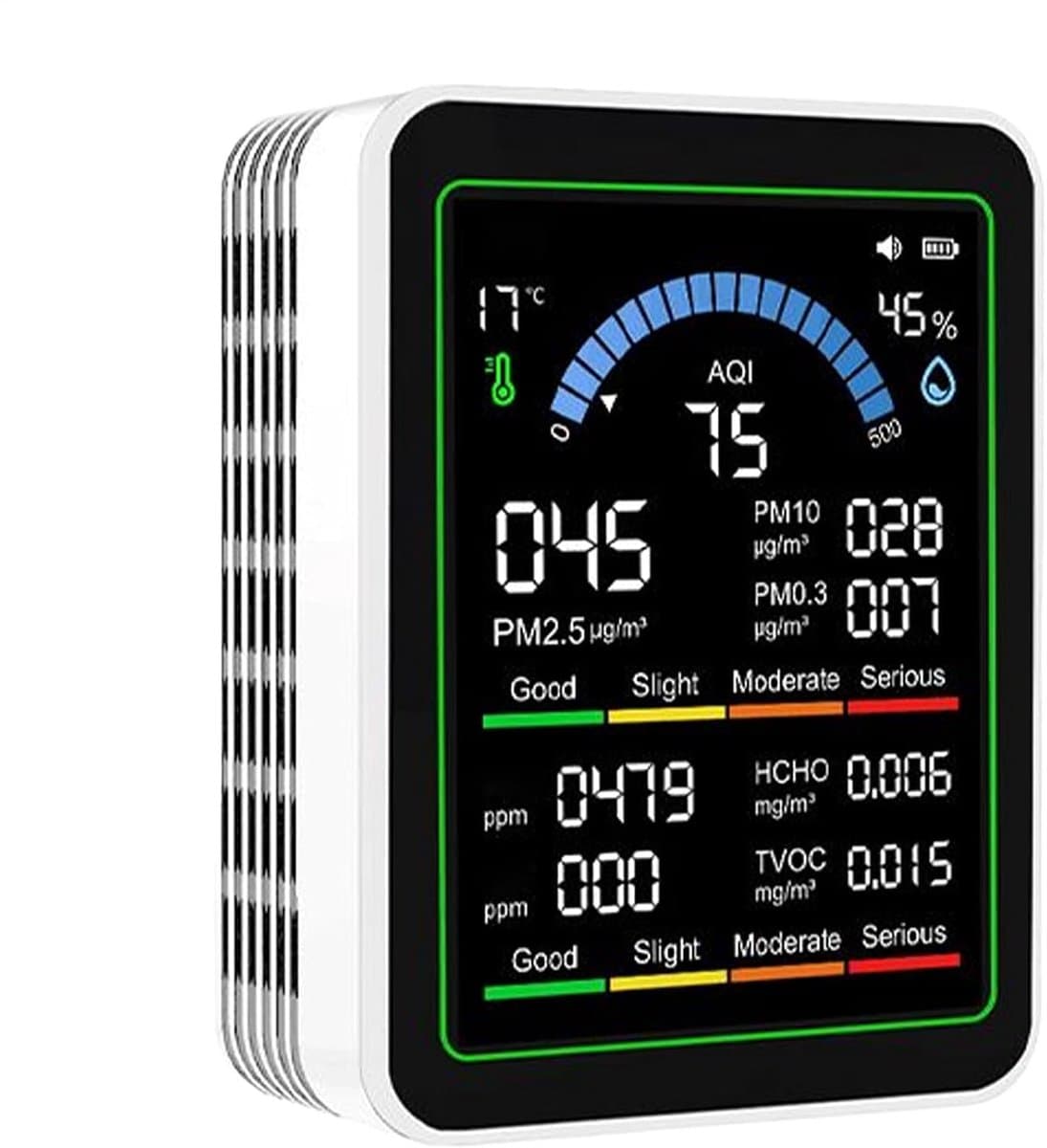 Luchtkwaliteitsmonitor - Luchtdetector Tester - Binnenlucht Controleren - Real-time Updates - ca. 7 x 35 x 9 cm - Wit