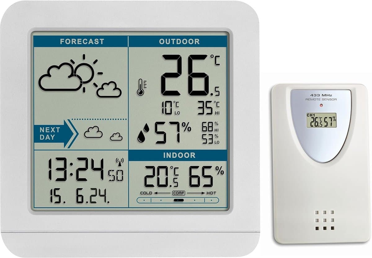Draadloos Weerstatiestation - Weerstation Binnen Buiten - Binnenklimaat Monitoren - Max Min Waarden Geheugen - 123x52x117 mm - Wit