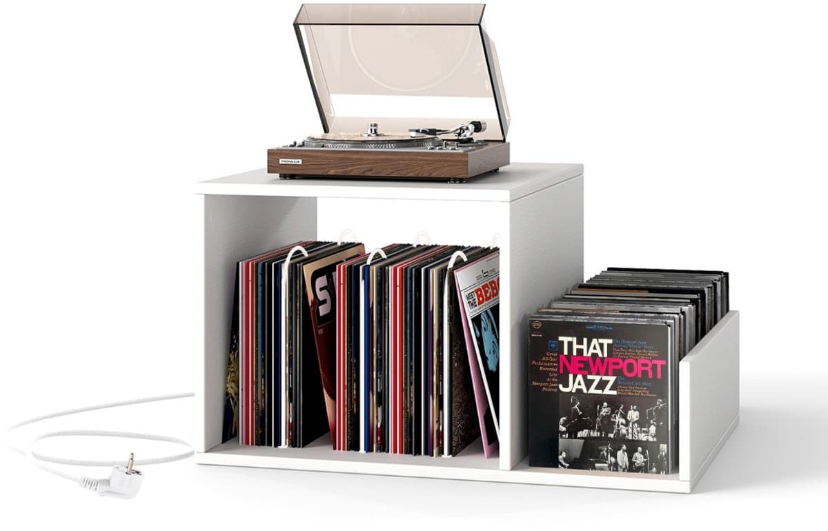 SureDeal® - Bureaukast - Platenspelerstandaard - Stopcontact Moderne Bijzettafel - Metalen Poten - Maximaal Albums - 66x45x67 cm - Wit