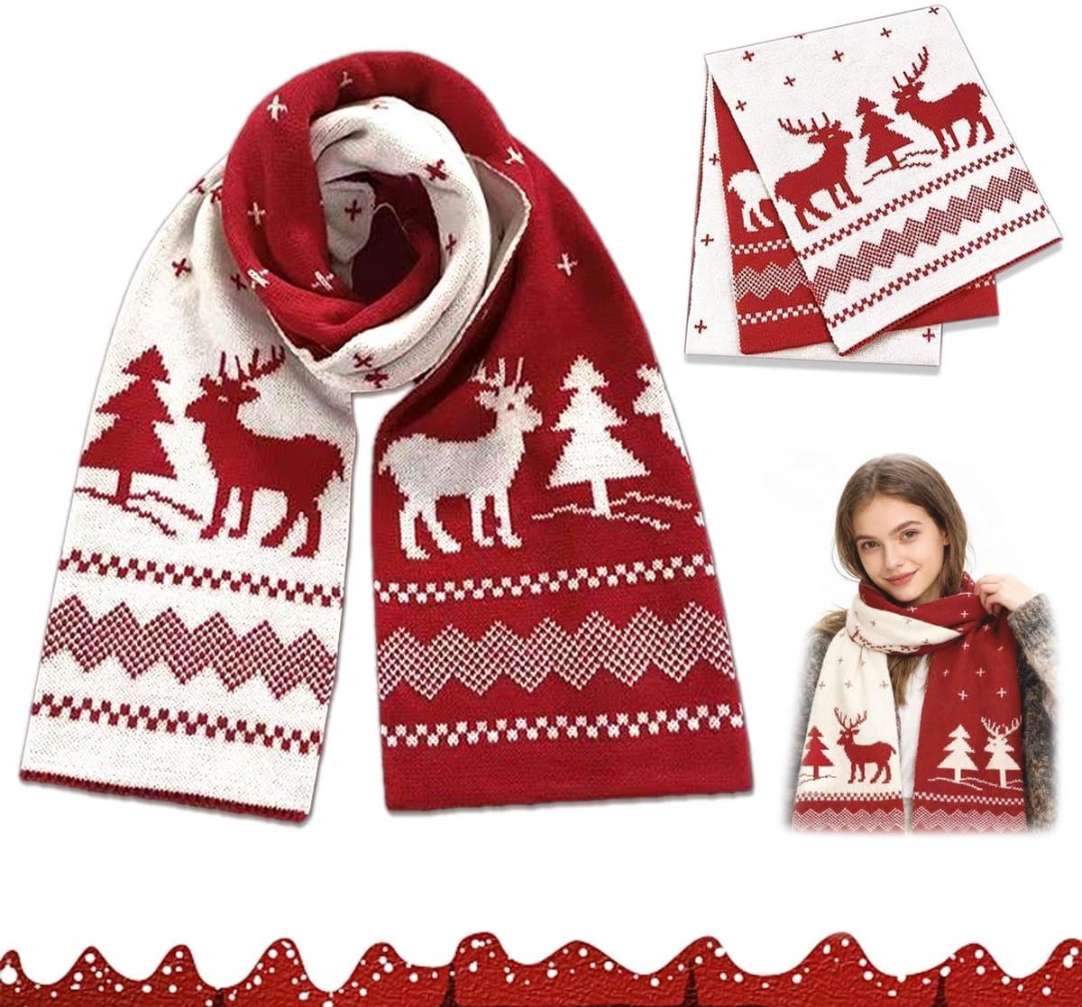 Dailygoods- Sjaal Dames Winter - Kerstsjaal met Rendier - Feestelijk Design - Lange Sjaal - Zachte Mesh - 160 x 21 cm - Halsdoek