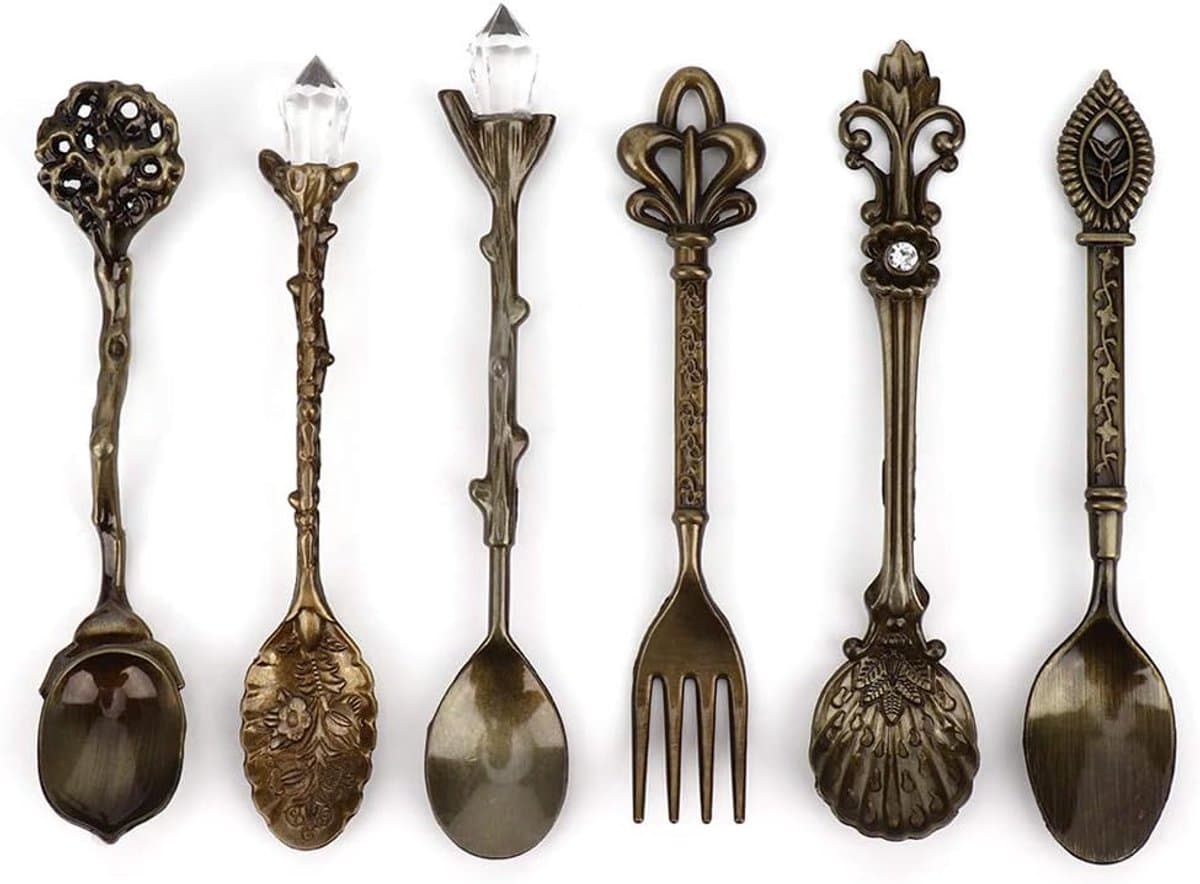 6 stks/set Vintage Gesneden Koffielepel Theelepel Retro Zinklegering Dessert Koffie Servies Lepels Keuken(Groen brons)