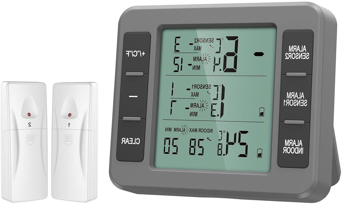 Digitale Koelkastthermometer - Vriezer Hygrometer - Voedsel Opslag - Dubbele Draadloze Sensoren - 100m Bereik - Grijs