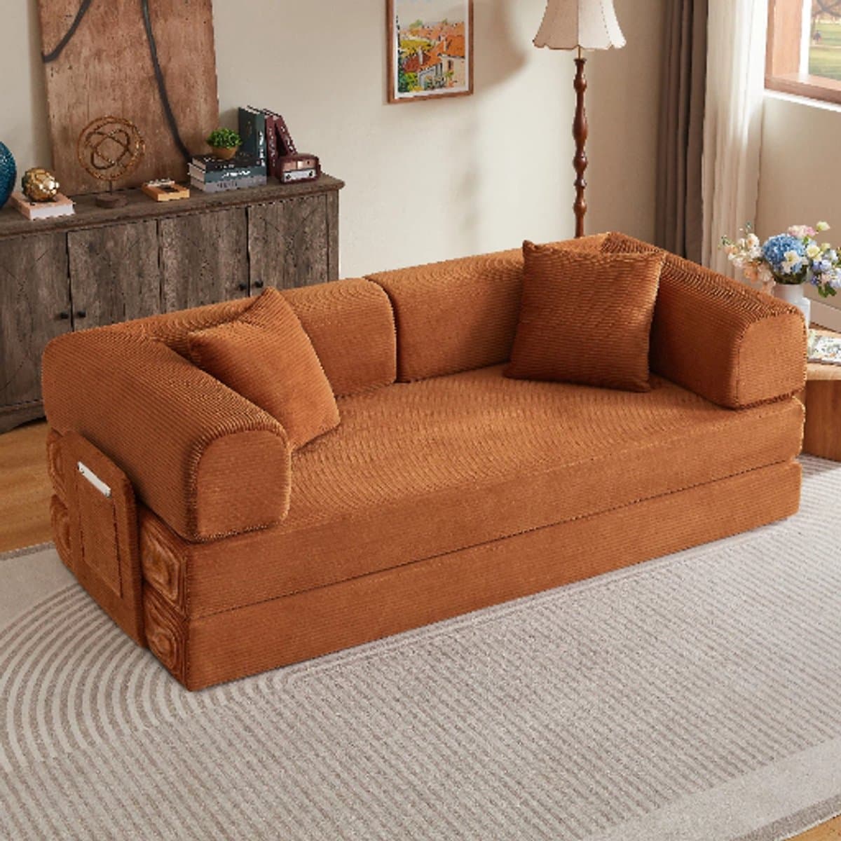 2-Zits bank, Een Bank Zonder Frame, Een Combinatie Van Zitmeubel En Slaapbank Die Kan Worden Ombouwd Tot Een Bed, En Een Tatami-Vloerbank Voor Woonkamers, Deze Opklapbare Bank Wordt Geleverd Inclusief 2 Kussens En Een Stalen Frame-Rood