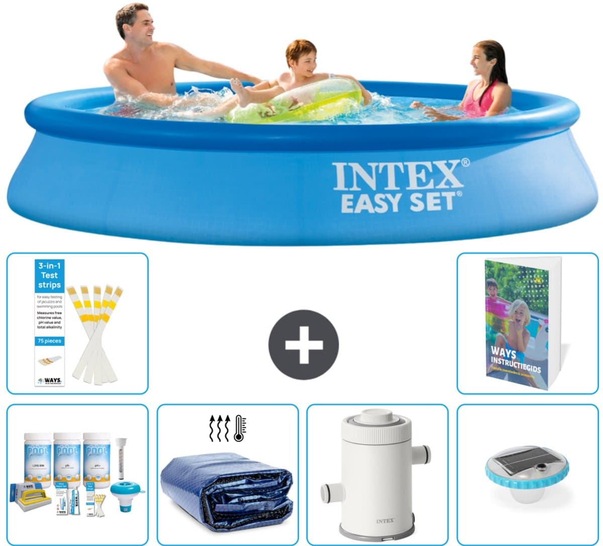 Intex Rond Opblaasbaar Easy Set Zwembad - 305 x 61 cm - Blauw - Inclusief Onderhoudspakket - Solarzeil - Zwembadfilterpomp - Verlichting - 7-delig