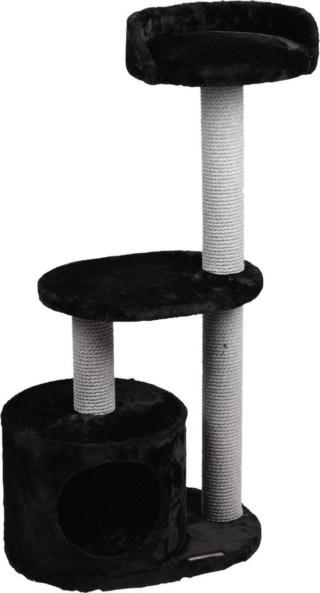 Krabpaal – Flamingo Echo – zwart & grijs – 48x34x99 cm – krabmeubel met ligplateaus & schuilplaats – sisaltouw – zachte pluche – voor katten & kittens