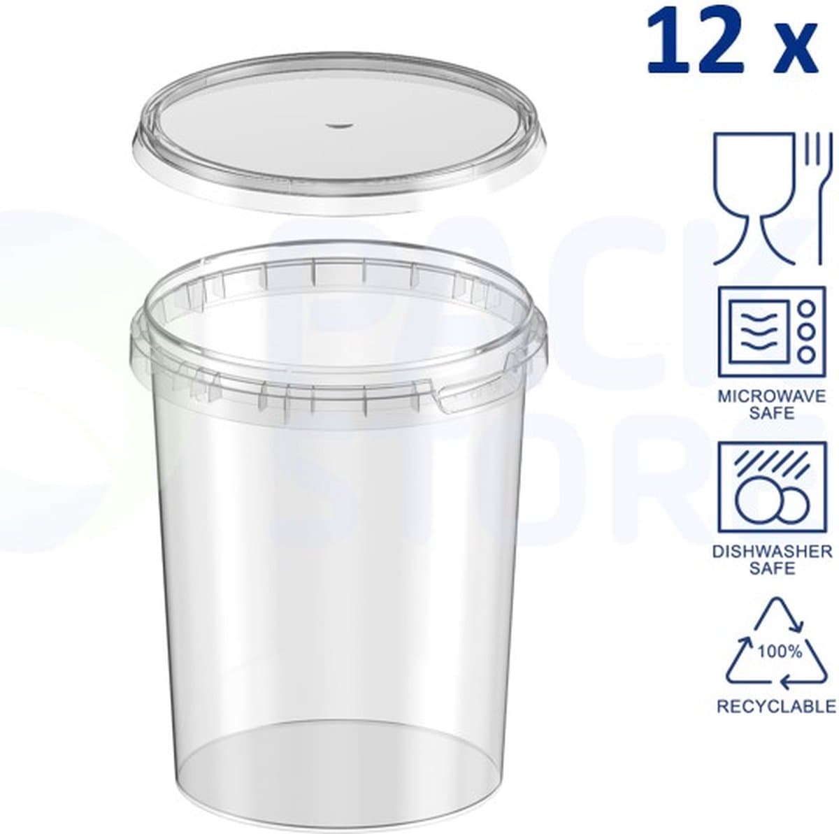 12 x plastic bakjes met deksel - 1000 ml - ø11,8 cm - vershoudbakjes - meal prep bakjes - rond - transparant - geschikt voor magnetron, vaatwasser en diepvries - Nederlandse producent