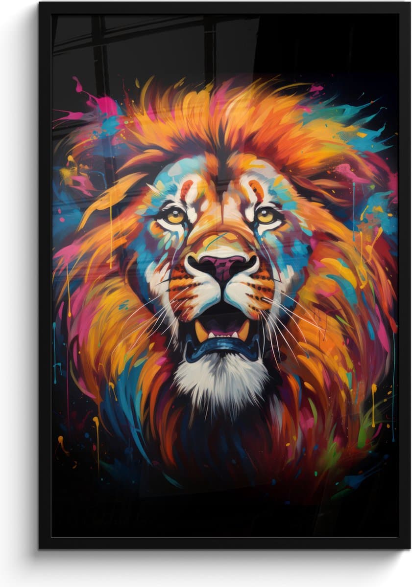 Fotolijst incl. Poster - Leeuw - Graffiti - Dieren - Zwart - 60x90 cm - Posterlijst