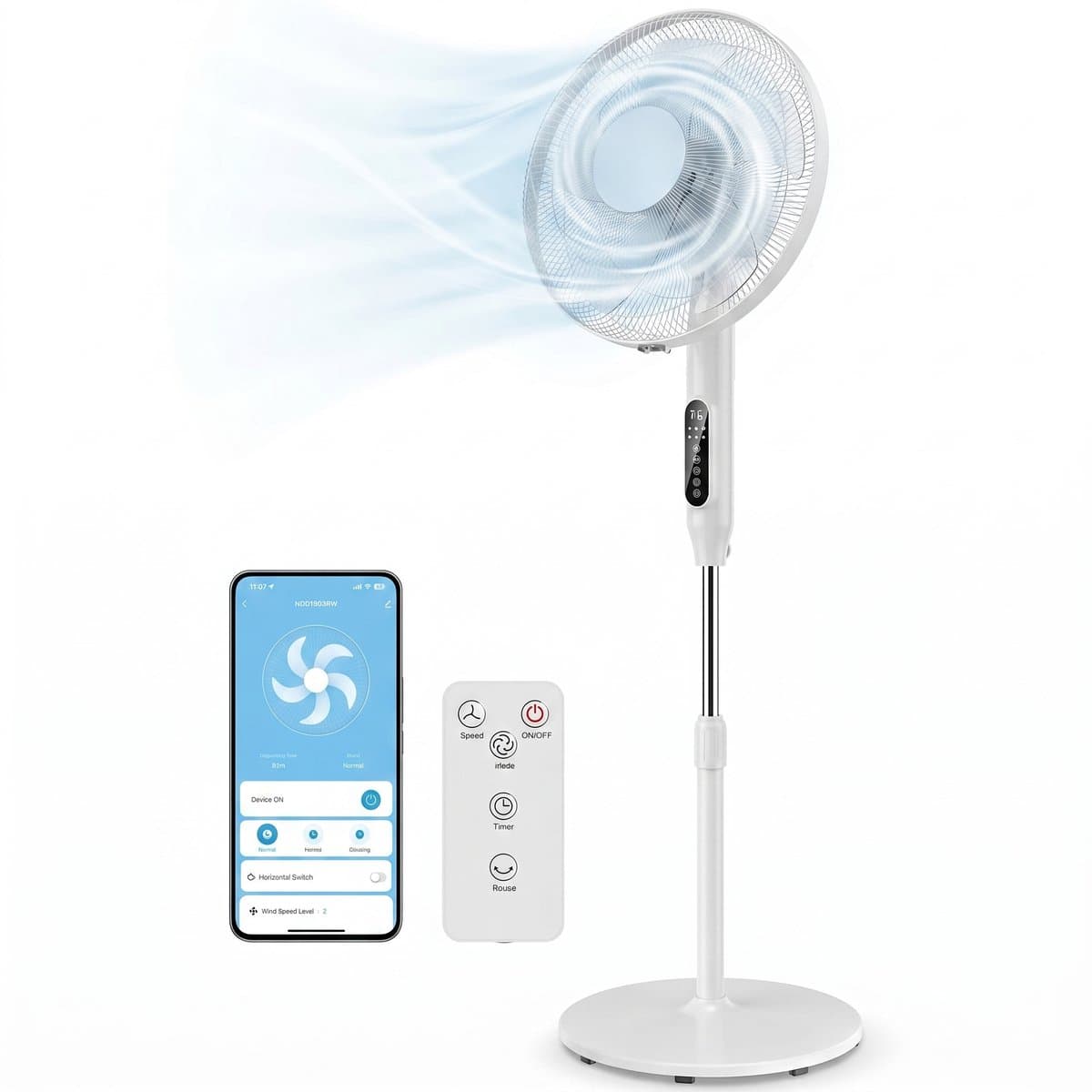 Statiefventilator - Zuinige Ventilator met 3 snelheden - Timer en Nachtmodus - In hoogte verstelbaar - Horizontale + verticale oscillatie - Fluisterstil - Stille Ventilator - App bediening - WIFI - Wit