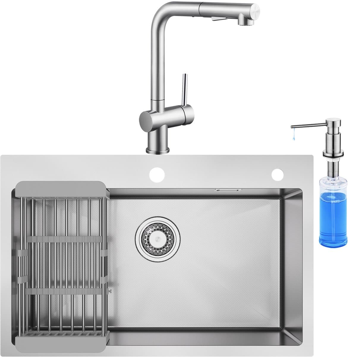 CECIPA max Spoelbak voor keuken 70x45cm - Spoelbak Keuken Met Keukenkraan met Uittrekbare Uitloop en Zeepdispenser 300ML - Onderbouwspoelbak in 304 RVS - Incl. Sifon en Afvoerzeefje