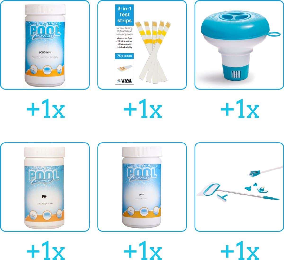 Zwembad Onderhoudspakket - Onderhoud Zwembad - bevat Chloor - Testrips - Chloordrijver - PH-min - PH-plus en Schoonmaakset (6-delig)