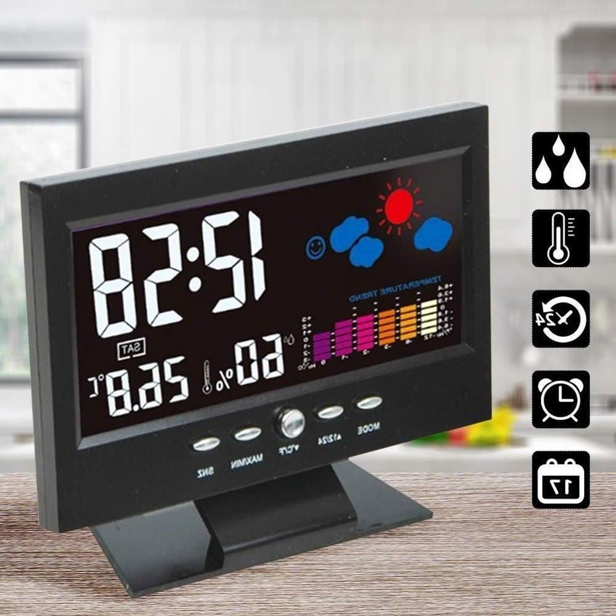 Digitale Klok - Weerstation Bureauklok - Binnenklimaat Monitoren - Temperatuur Vochtigheid - 15.5 cm - Zwart