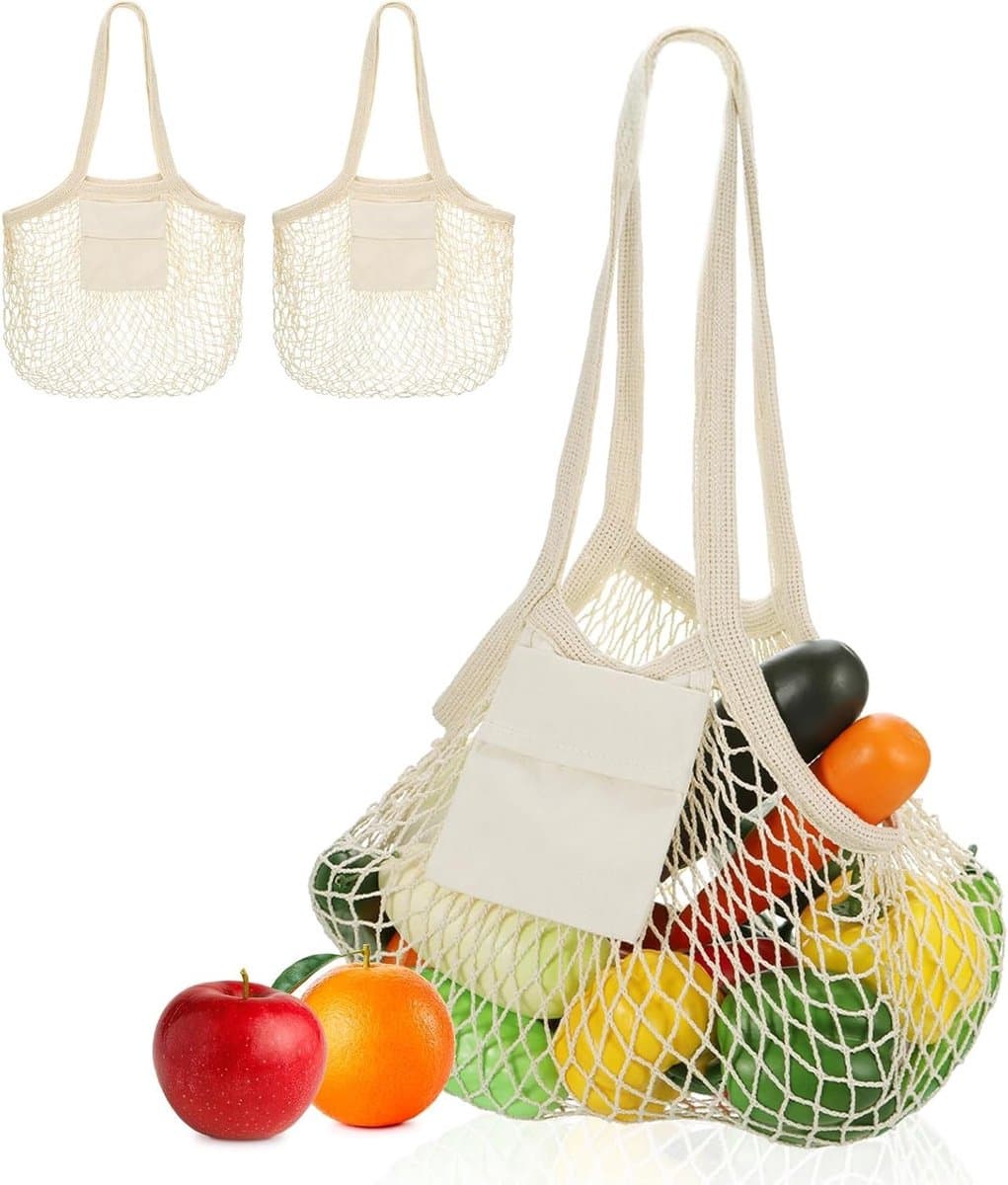 Set van 2 Herbruikbare Katoenen Mesh Tassen met Kleine Pouch, Ideaal voor Strandspeelgoed, Fruit en Groenten Opslag