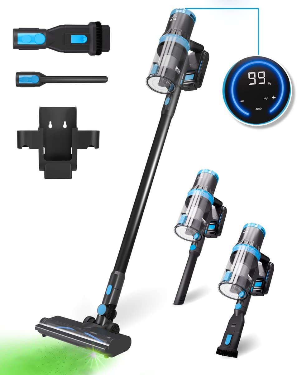 CleanWise Rita – Steelstofzuiger draadloos met kruimeldieffunctie – Zonder zak op accu – 30kPa zuigkracht, groene laser vuildetectie, LED-touchscreen, tot 60 min gebruiksduur