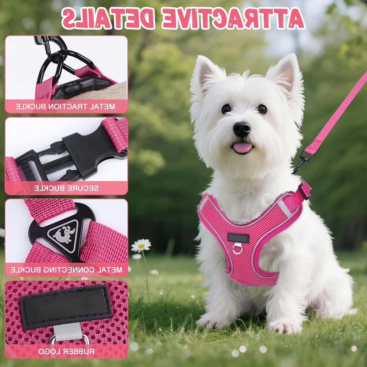 Verstelbare Hondenharnas voor Kleine en Middelgrote Honden, Ademend Mesh, Perfect voor Wandelen en Training met Leash (Roze, M)