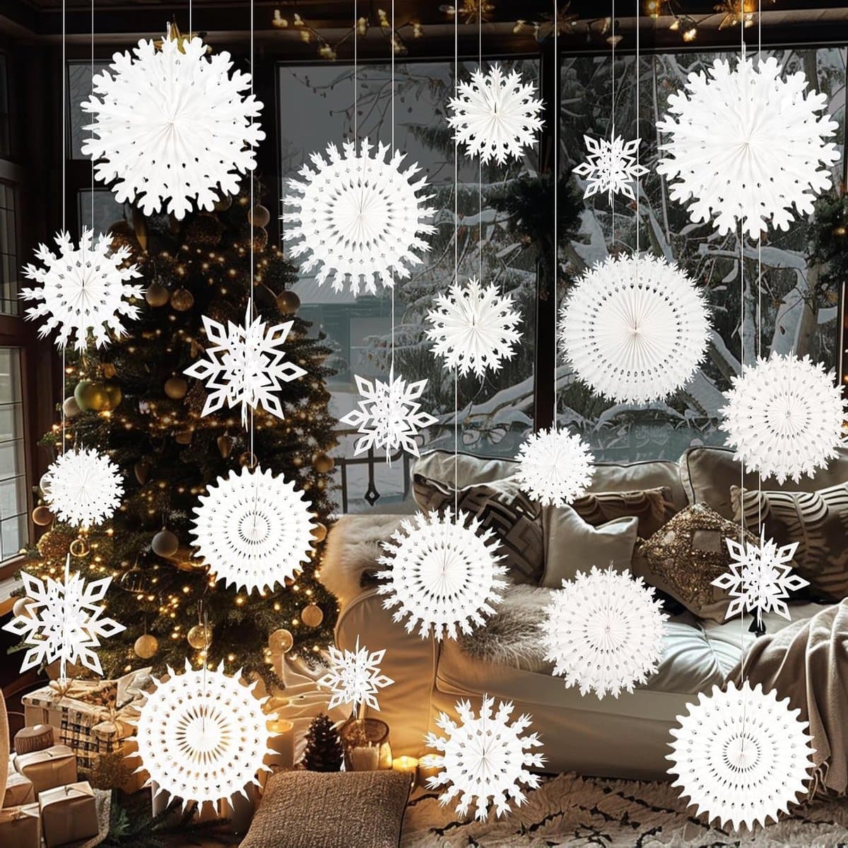 Witte Papieren Kerst Sneeuwvlokken Decoratie voor Feestdagen - 30 x 28 cm, Geen Batterijen Nodig, Perfect voor Kerstversiering
