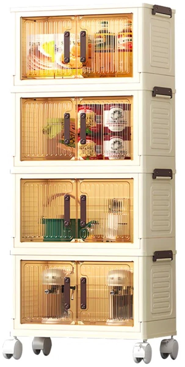 Solvix Opvouwbare Opbergbox met Wielen – Stapelbare Opbergdoos 4 Lagen – Multifunctionele Organizer met Deuren – Opvouwbaar Opbergsysteem