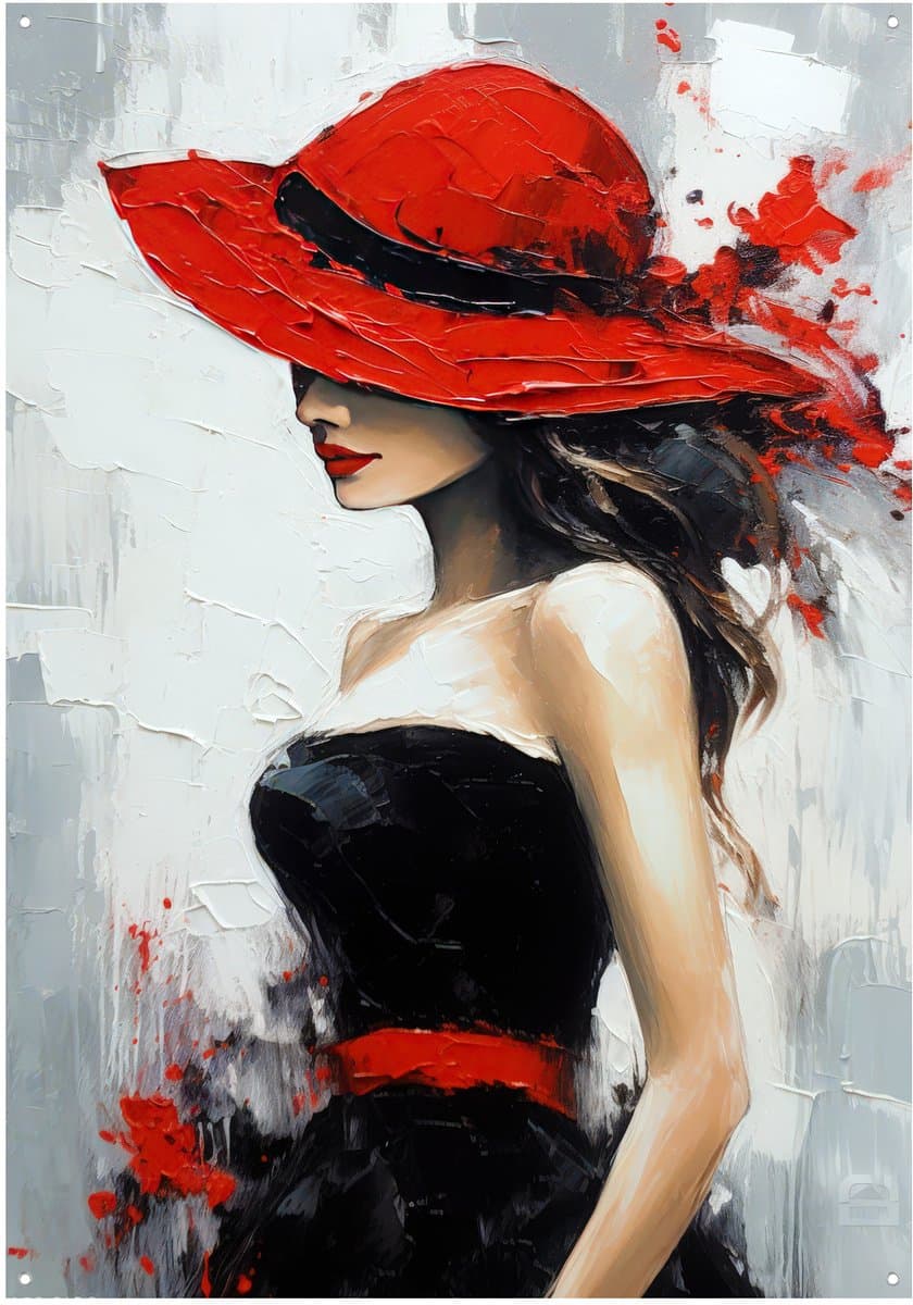 Muurdecoratie Expressief Vrouwenportret Rode Hoed - 70x100 cm - Moderne Kunst - Wanddecoratie - Tuindoek - Tuinposter