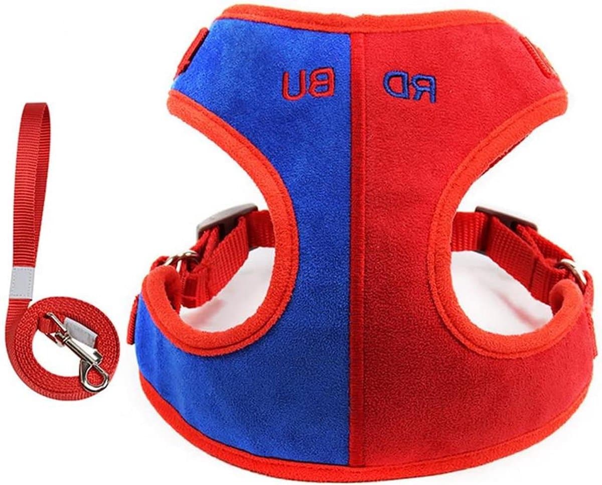 Hondenharnas Set - Borstharnas Lijn - Comfortabel Wandelen - Zachte Stof - Medium - Rood/Blauw
