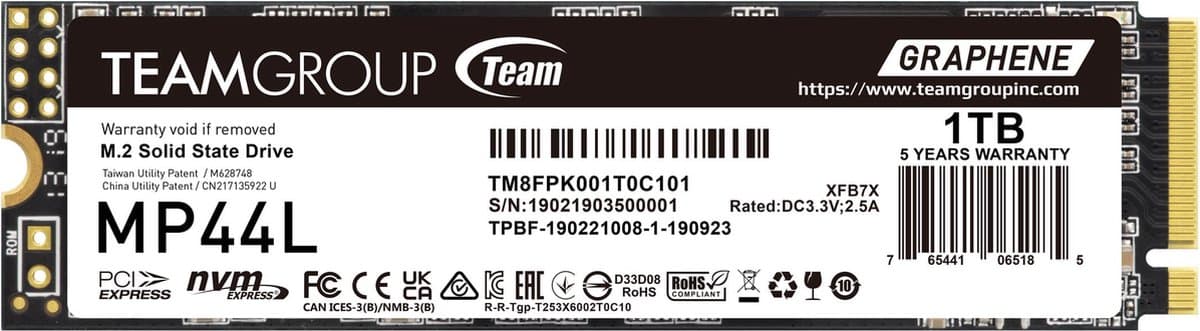 Team MP44L 1TB - SSD M.2 2280 - PCI Express 4.0 x4 - 1 TB - NVMe - 3d v-nand (TLC) - 600TB - zwart, wit