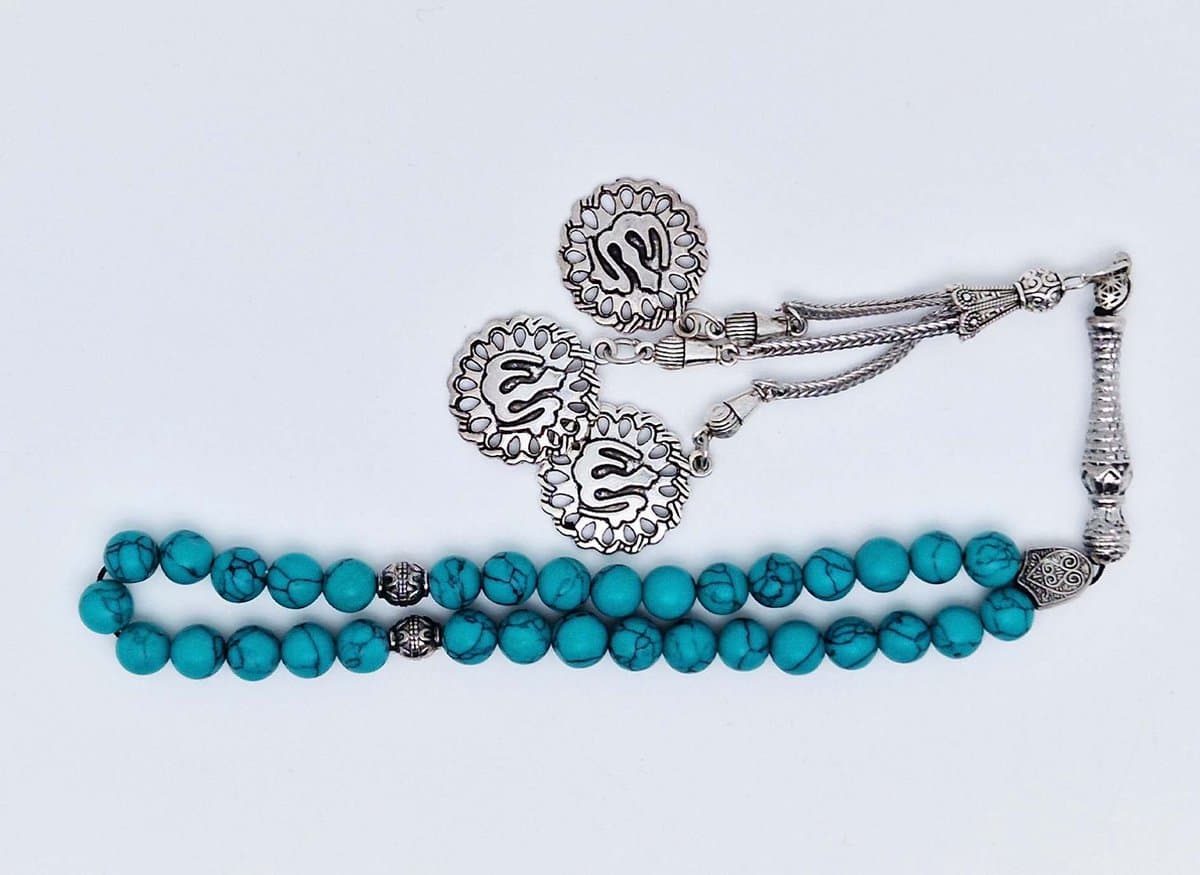 Handgemaakte tesbih klassiek - "Tasbih" natuursteen " Howliet groen" - Aantal kralen 33 - Diameter kralen 8 MM - met metaal tassel "Allah" - Een mooi cadeau-idee