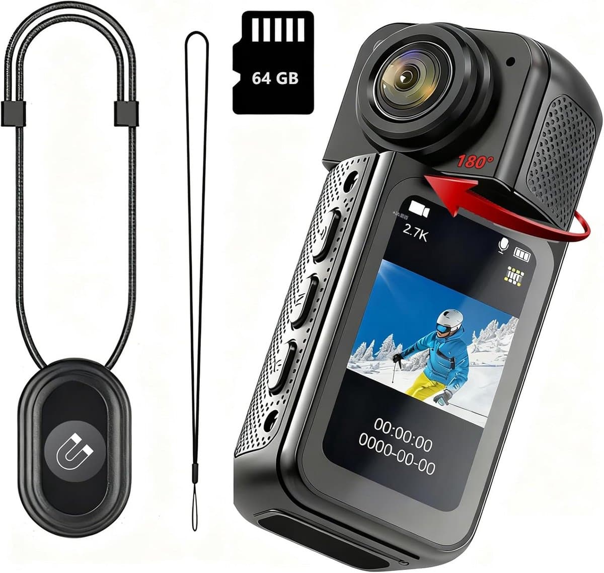 Compacte Actiecamera 2,7K HD met 180° Draaibare Lens en App Bediening