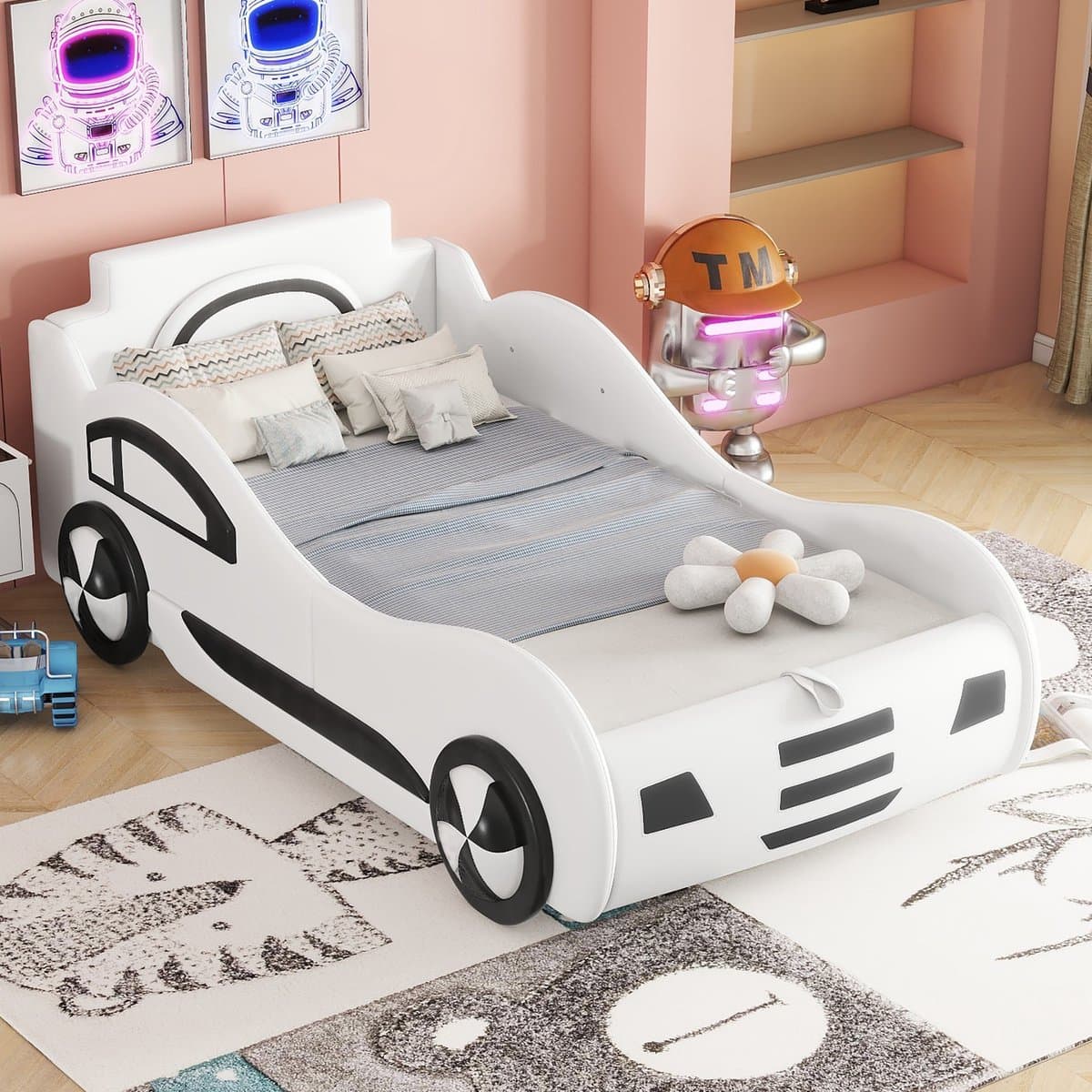 MODENUIT Kinderbed 90x200 cm – Autobed met lattenbodem – Opbergruimte onder bed – Kinderkamer – PU en MDF – Zonder matras – Wit