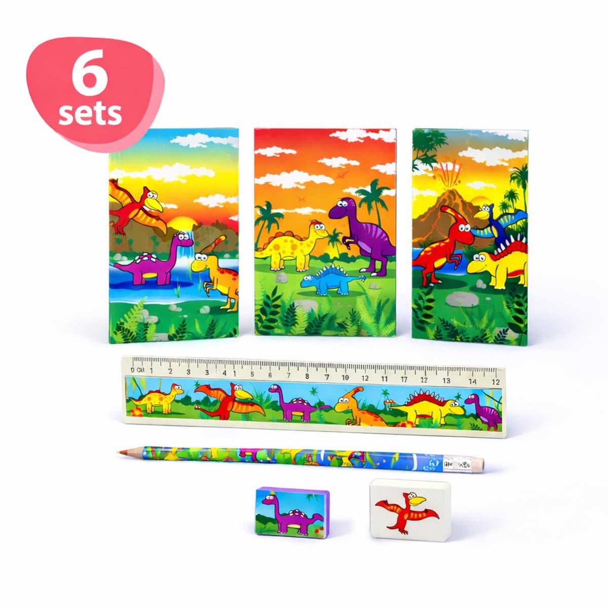 Isa's Friends® - Uitdeelcadeaus Dino Schrijfset - 6 Sets - Traktatie - 5-Delig - Uitdeelcadeautjes voor Kinderen