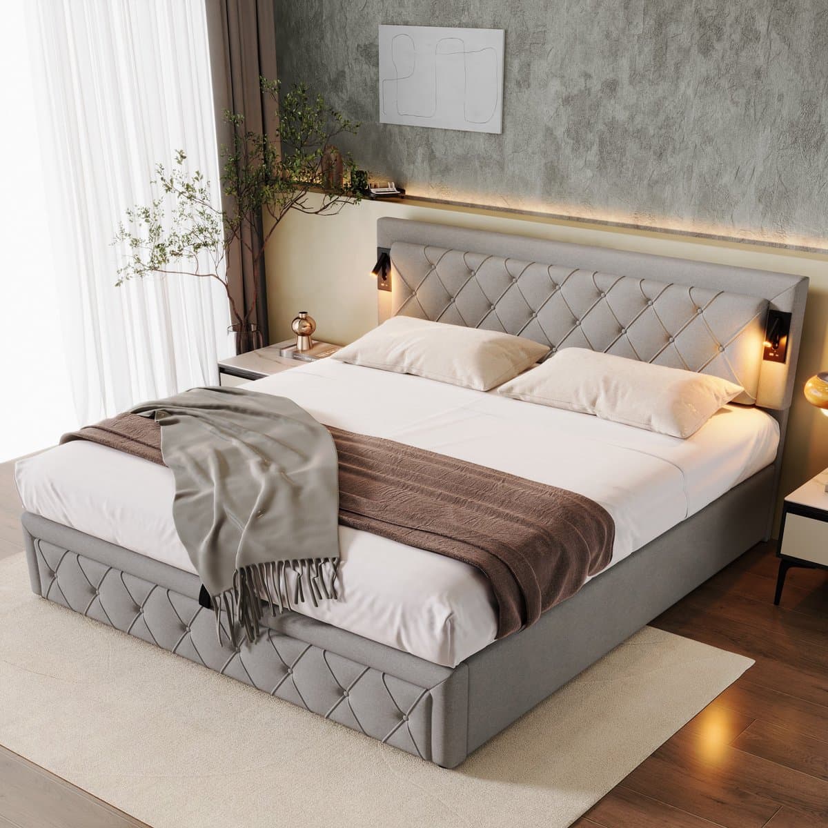 FloraGrace Gestoffeerd Bed 180x200 cm - USB En Leeslamp - Hydraulische Opbergruimte - Linnen - Grijs - Zonder Matras
