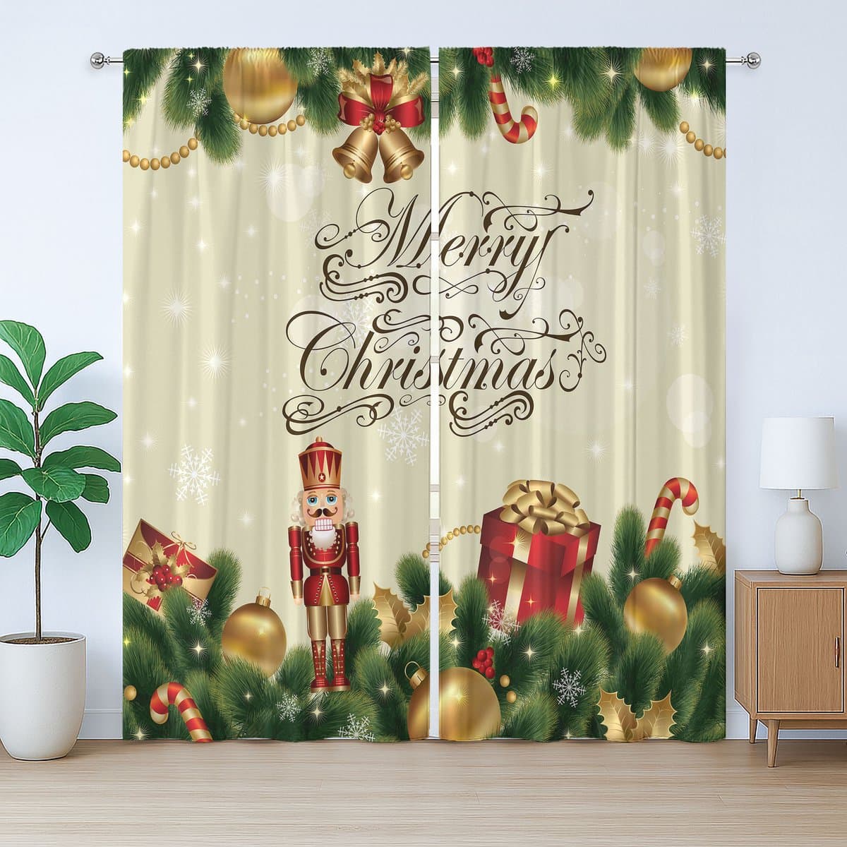 ABAKUHAUS Rustiek kerstgordijn, Noel linten, universeel wandgordijn voor de woonkamer met lussen en haken, 280 x 175 cm, crèmegroen