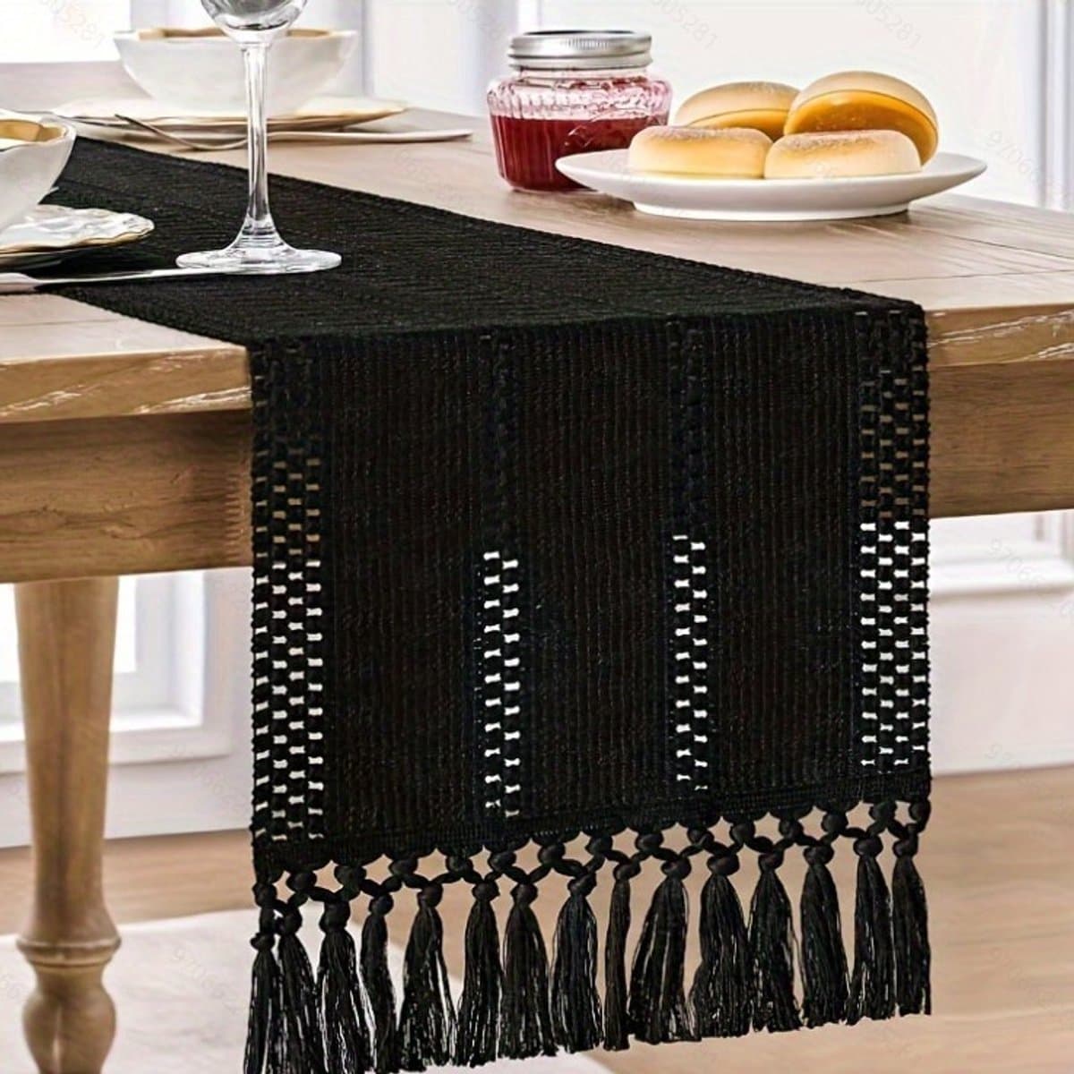 Boheemse tafelloper van katoen en linnen - 30*90 cm - Luxe tafelkleed met kwastjes - Decoratieve lange servet in boerderijstijl met knoopmotief - Zwart