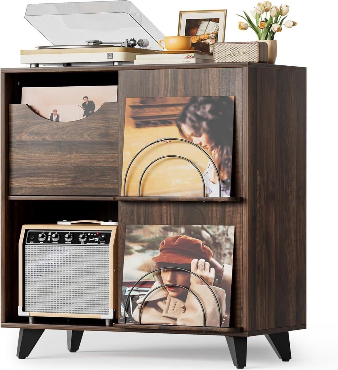 Stijlvolle Houten Platenspeler Kast Met Vinyl Display & 2 Lades – Sidetable En TV Meubel Voor Platenspelers - Speakers En Vinylopslag