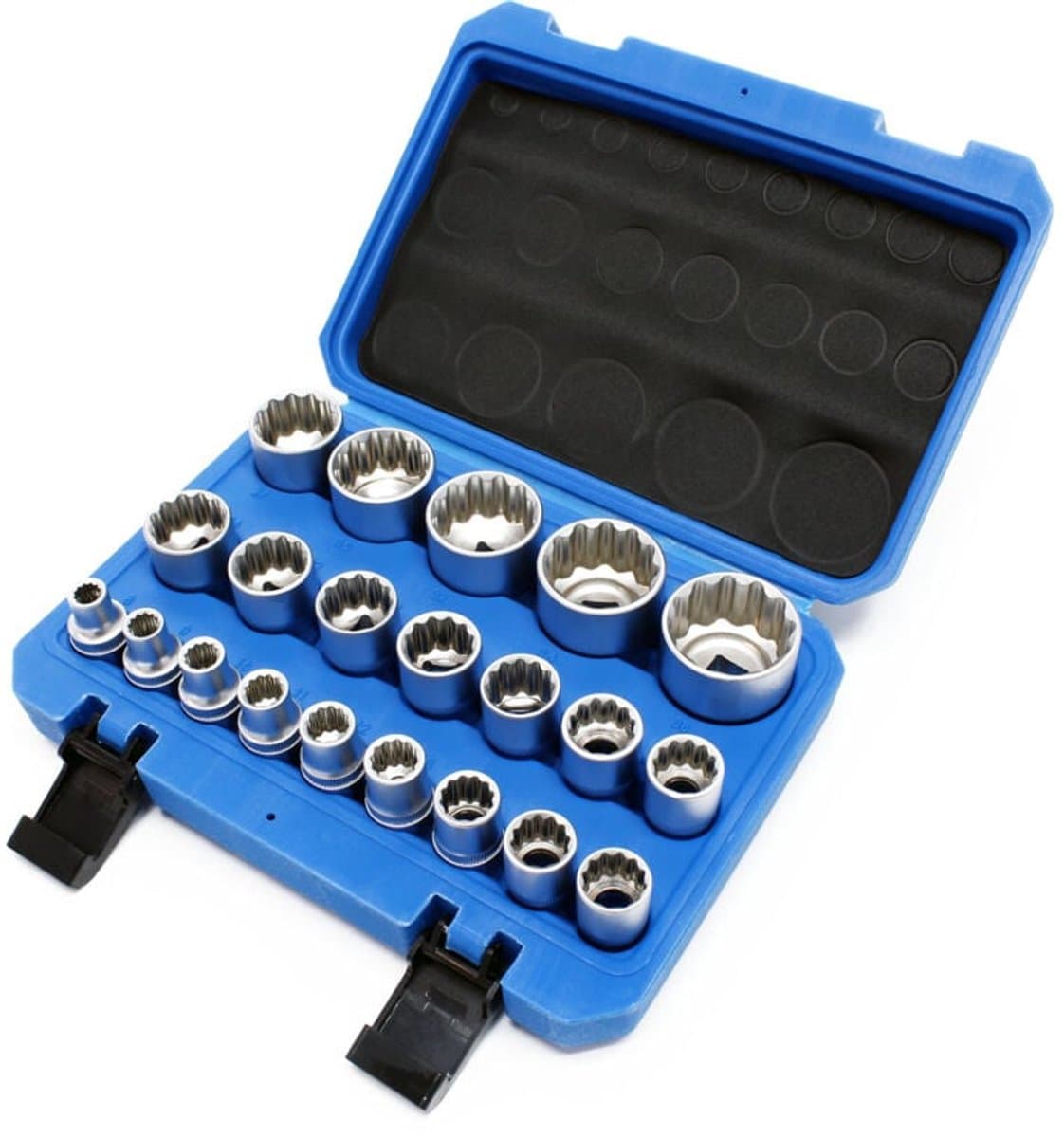 1/2" (12-7 mm) 21-delige doppenset met twaalfpunts 8-36 mm splinebits en momentsleutel
