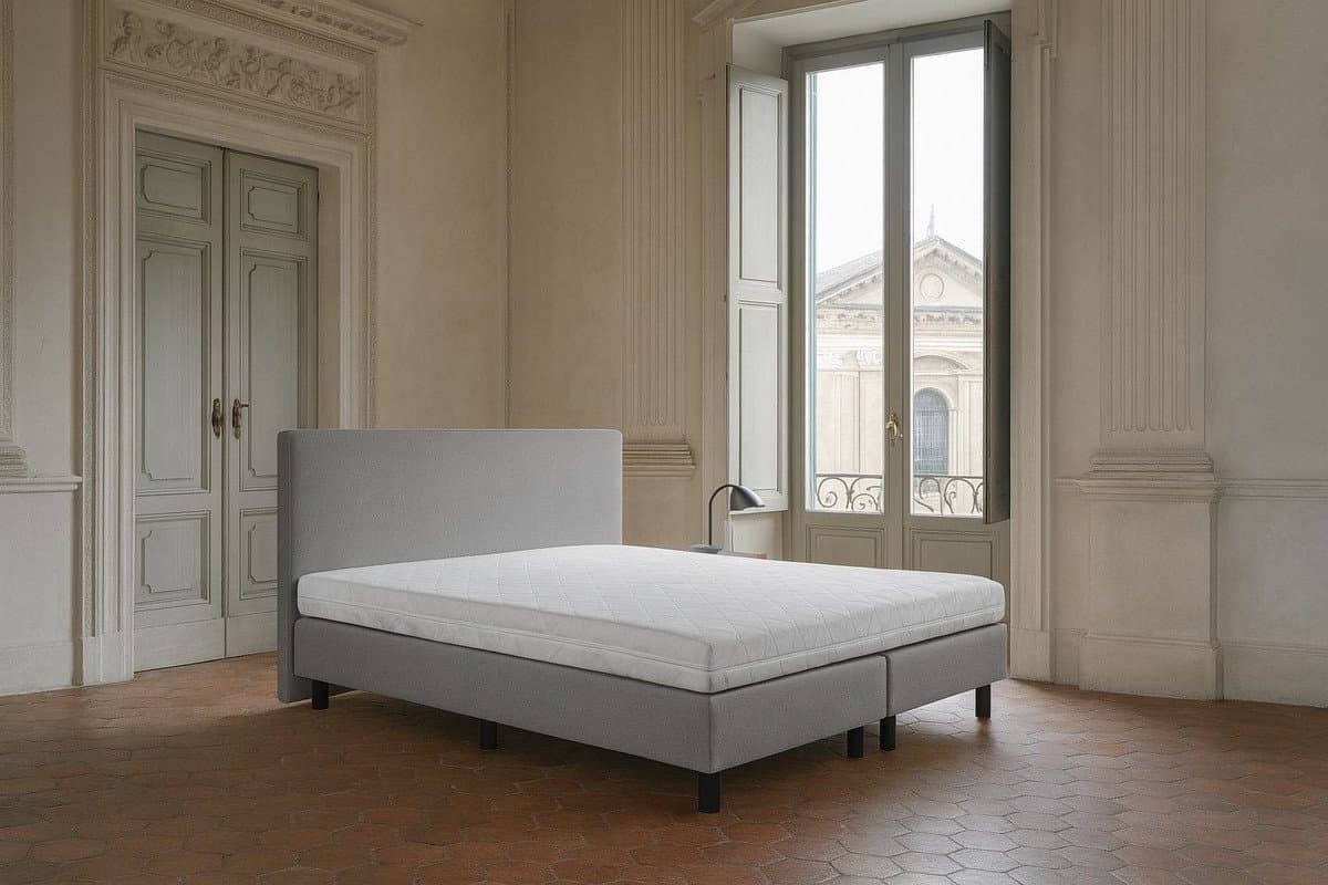 Boxspring Vendita vlak 150x190 cm Luxe Pocketvering Stof grijs Gratis 2x Hoofdkussens