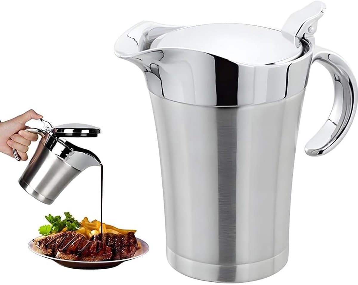 Premium Roestvrijstalen Sauciere - Sauskom met Scharnierend Deksel en Geschenkdoos (480ml) - Dubbelwandig