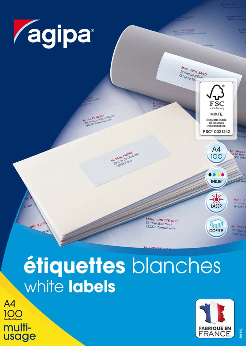 Agipa Universal Labels, 70 x 42 mm, wit, rechthoekig voor inkjet / laserprinters en kopieerapparaten, niet verwijderbaar, 70 g / m² inhoud: 2100 labels per 100 vel A4