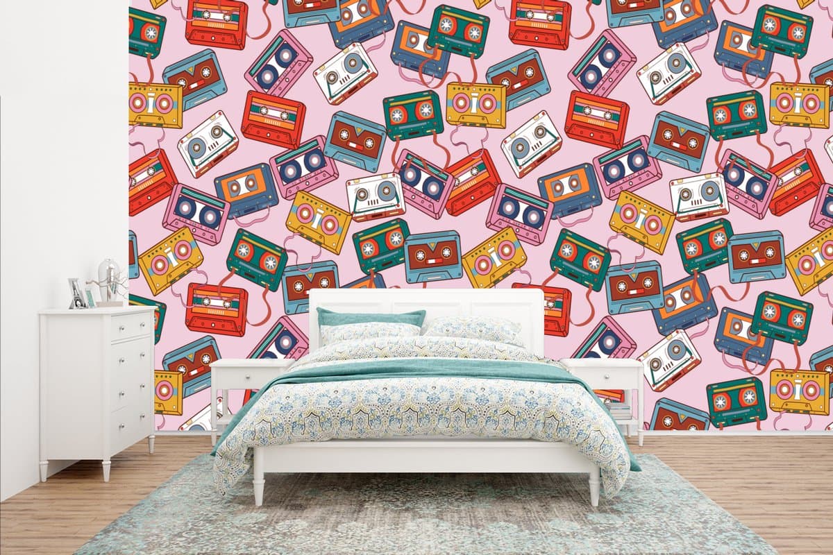 Behang - Fotobehang Cassette - Patroon - Roze - Breedte 400 cm x hoogte 240 cm