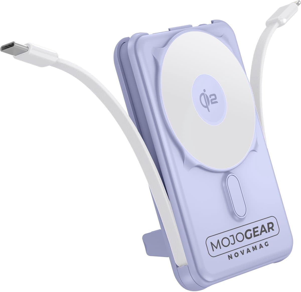 MOJOGEAR NovaMag All-in-1 Powerbank 10.000 mAh – Draadloos Qi2 supersnel opladen - Ingebouwde USB-C en Lightning kabel – Geschikt voor iPhone en Samsung - MagSafe powerbank - LED-indicator - Paars