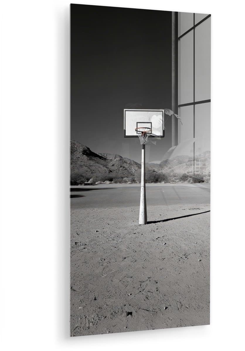 MuchoWow® Glasschilderij 60x120 cm - Schilderij acrylglas - Basketbalpaal - Landschap - Zand - Wit - Foto op glas - Muurdecoratie woonkamer - Wanddecoratie slaapkamer - Schilderijen