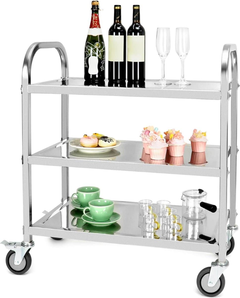 Goodivery ® Serveerwagen van roestvrij staal met 3 niveaus, thee- en schoonmaaktrolley met trillingsarme wielen voor keuken, hotel en restaurant-‎40 x 75 x 83.5 cm,3-laags roestvrij staal