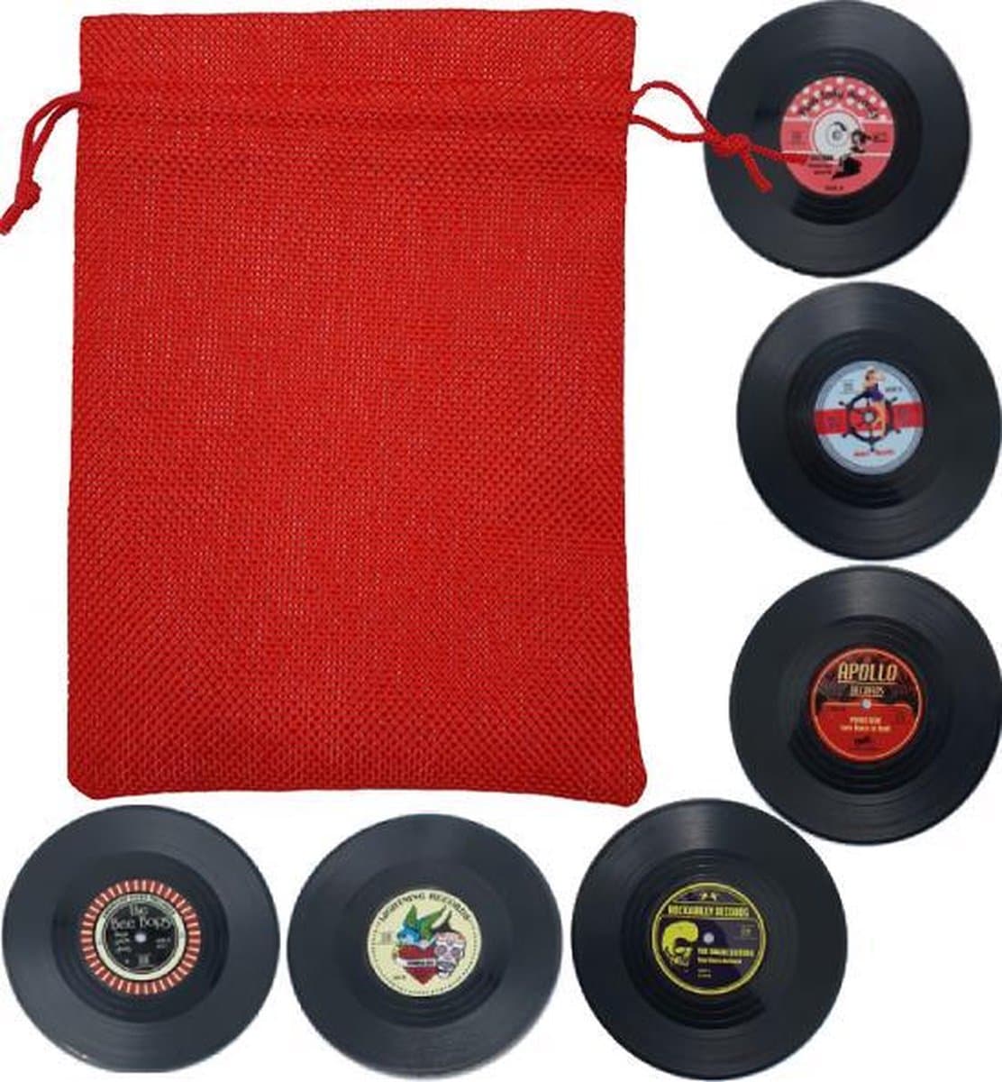 Retro Rockabilly LP Vinyl Onderzetters - 6 stuks - Met Rood Opbergzakje - oDaani