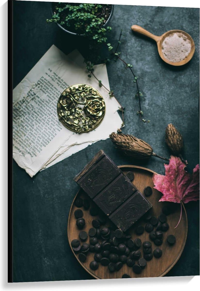 Canvas  - Chocola met Plant en Papieren - 80x120cm Foto op Canvas Schilderij (Wanddecoratie op Canvas)