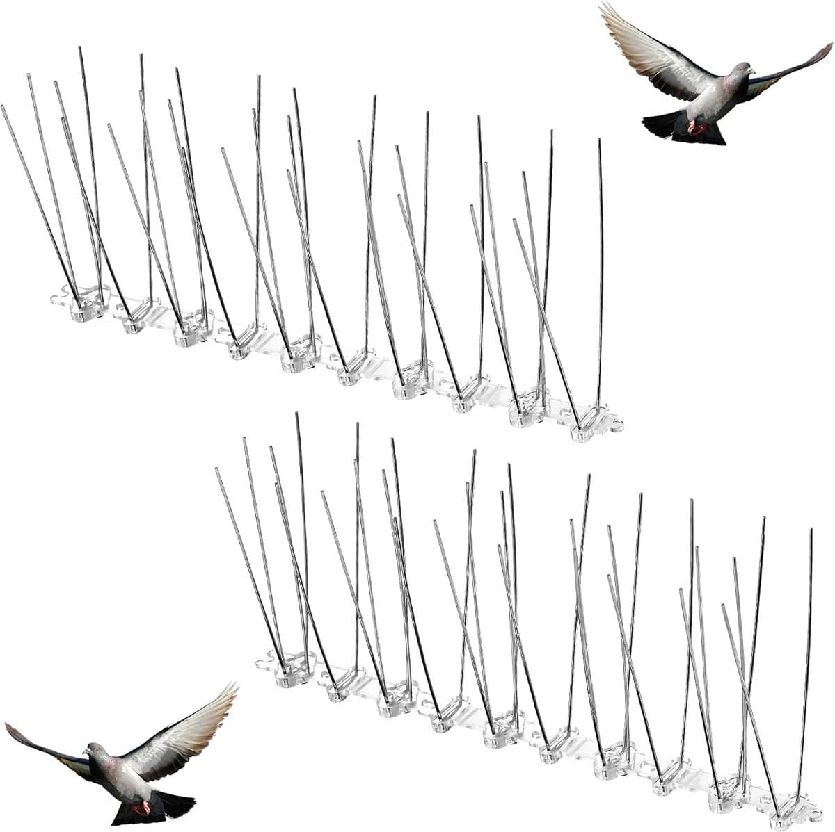 Verpakking van 2 vogelpinnen, 20ft 40 Spike roestvrijstalen vogelpinnen voor buiten, duivenhekset, houdt vogels, kraaien en spechten weg van daken en vensterbanken, eenvoudig te installeren en te verwijderen.
