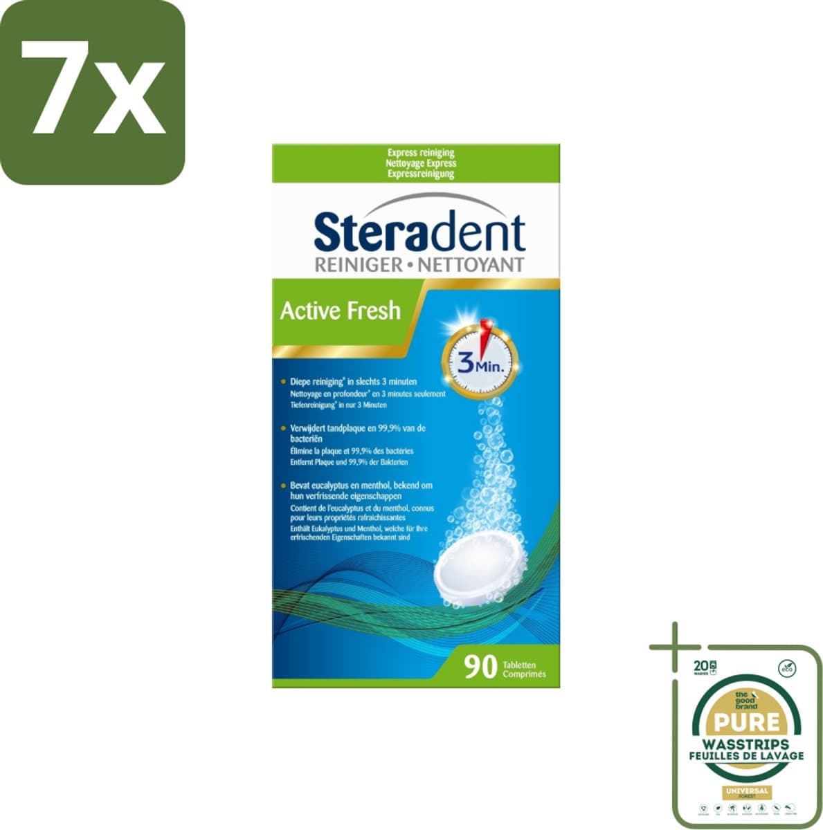 7 x Steradent - Kunstgebitreiniger - Active Fresh - Menthol En Eucalyptus - 90 Tabletten - Grootverpakking - Kunstgebit Reinigen - Zahnprothese Reinigen - Tandplak Verwijderen - Frisheid Geven - Kunstgebit Reinigingstabletten