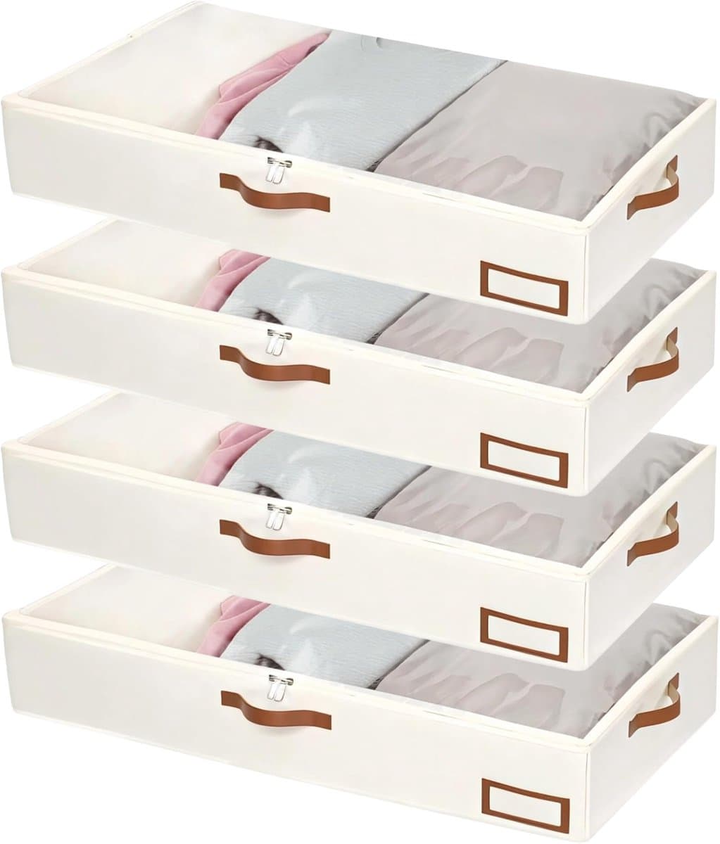 4-pack 216L Off-White Opbergboxen voor onder het bed – Grote opbergtas voor kleding met handvatten en transparant deksel – 900D katoenen canvas – Opvouwbare opbergbox voor kleding, dekens en truien
