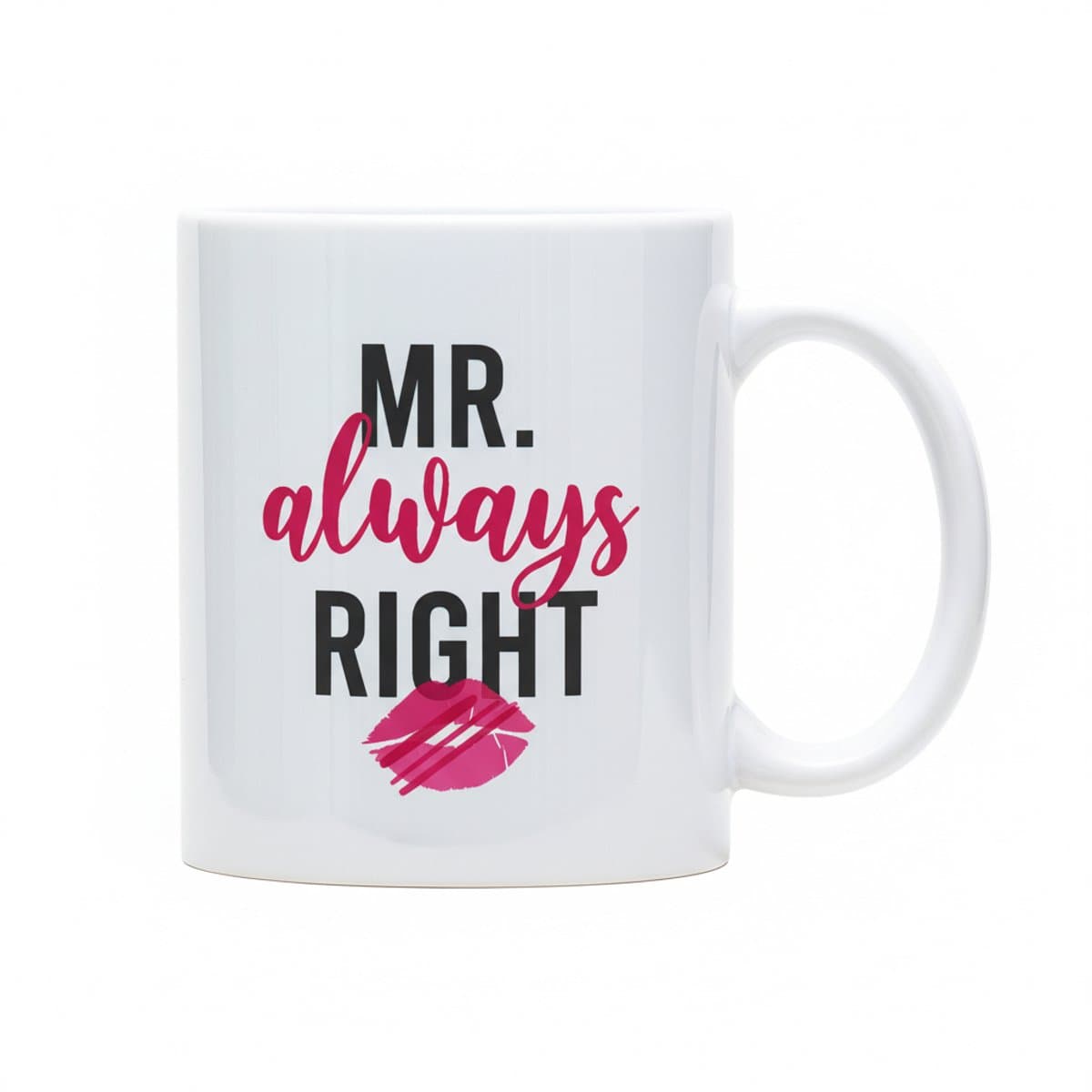 “Mr. Always Right” Mok 330 ml – Grappige Romantische Beker met Lippenafdruk – Perfect Cadeau voor Man, Vriend & Koppels