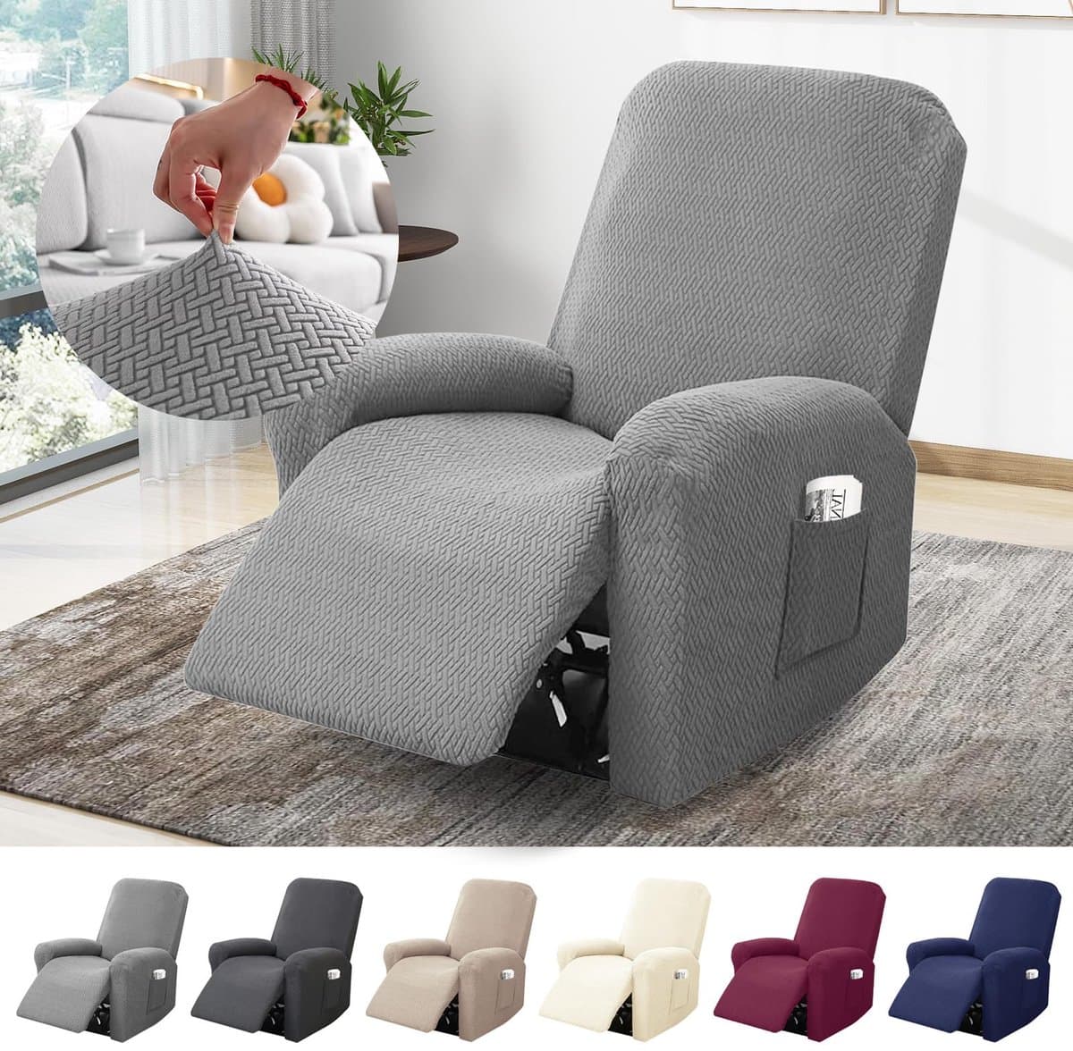 Unyqoos® Elastische stoelhoes met zakken voor 1-zitsbank en fauteuil in lichtgrijs, lichtgrijs, 127*198*85 cm