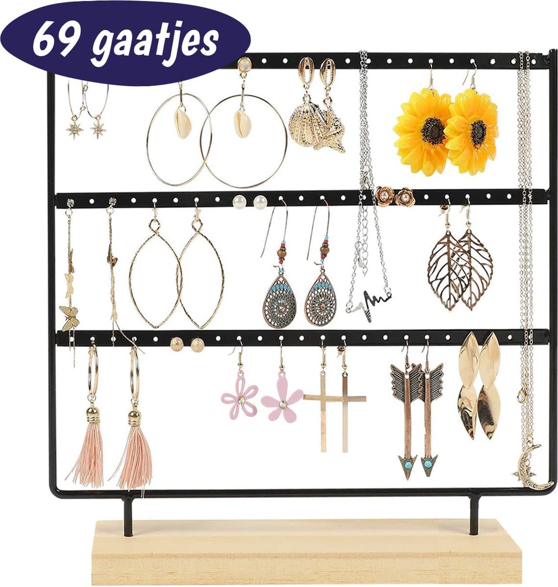 Oorbellenrekje - 3 Niveaus - 69 Gaatjes - Sieradenhouder - Sieradenrekje - Sieraden Opbergen - Organizer - Display