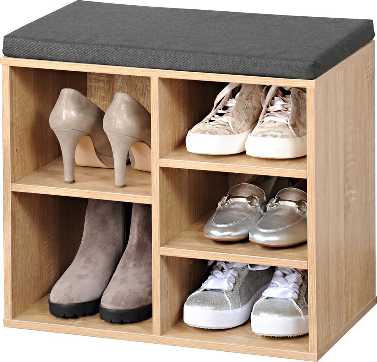 Kesper houtlook schoenenkast/schoenenrek bankje - 29 x 48 x 51 cm - met zitkussen - Schoenen opbergers/opbergen