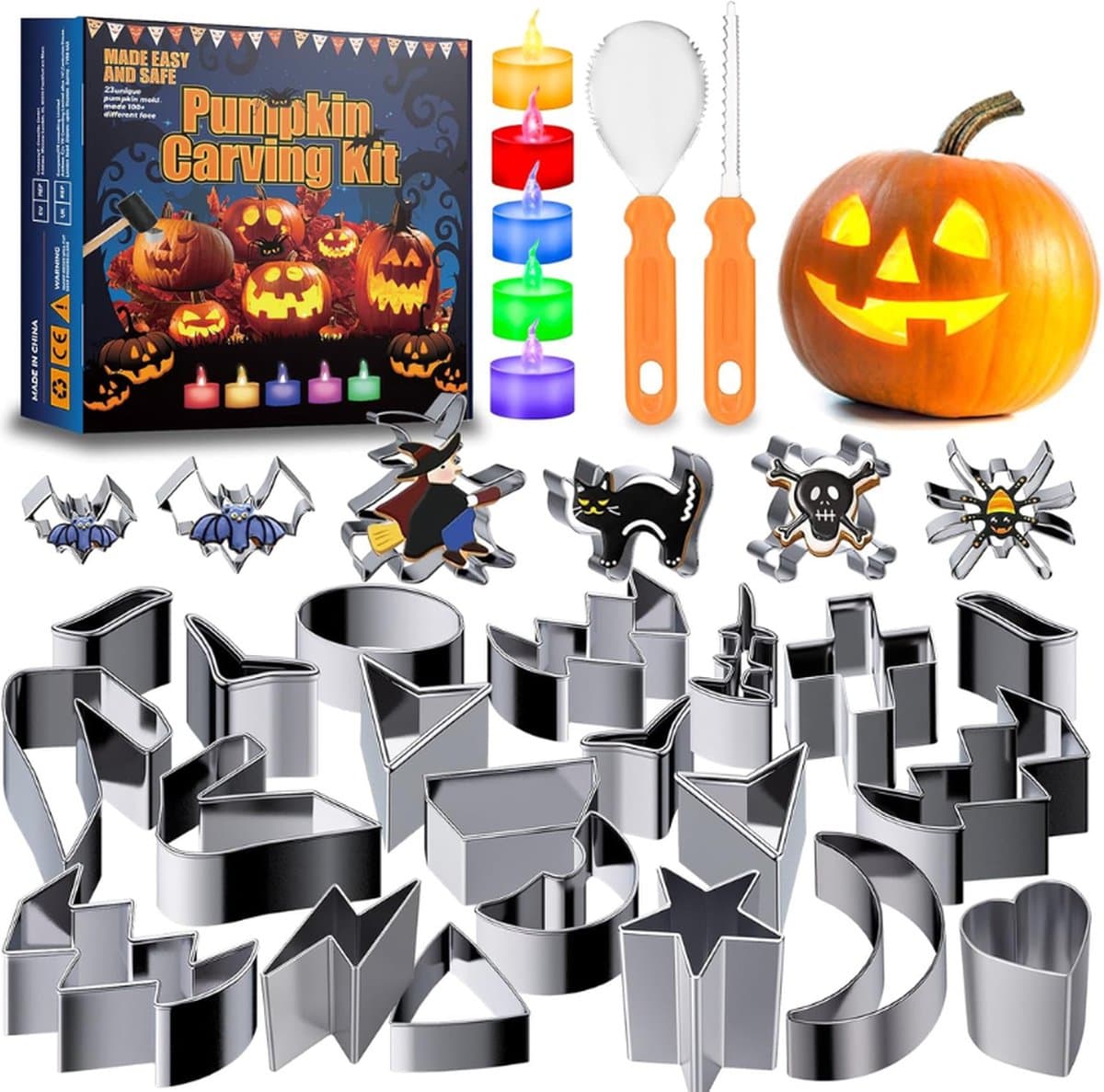 Pompoen Carving Gereedschap Voor Kinderen All in One 30 Stks Halloween Pompoen Carving Kit Gemakkelijk en Veilig Pompoen Carving Set Pompoen Carving Stencils Koekjessnijders Pompoen Carving Mes