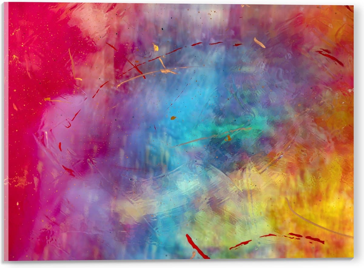 Acrylglas - Roze, Blauwe en Gele Vlekken Mix - 40x30 cm Foto op Acrylglas (Met Ophangsysteem)